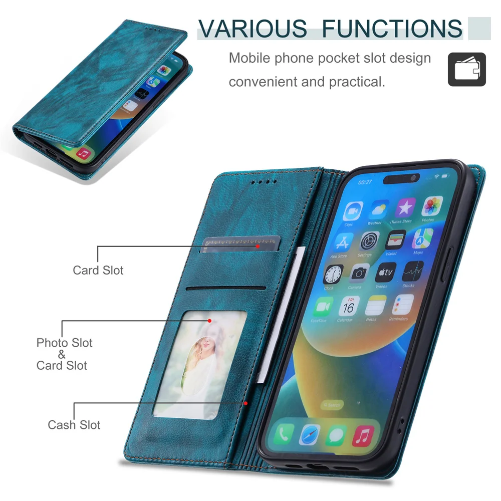Litchi Patroon Magnetisch Folio Flip Lederen Hoesje Voor Iphone 15 Pro Max 6 7 8 Xr Xs Max 11 Pro 12 13 Mini 14 Plus Slanke Portemonnee Case