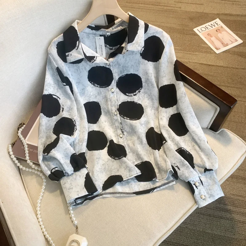 Autumn Women\'s 2024 New Patchwork Polo Collar Button Loose Fashion Dot Printing Minimalist Casual Long Sleeved Blouses Shirts