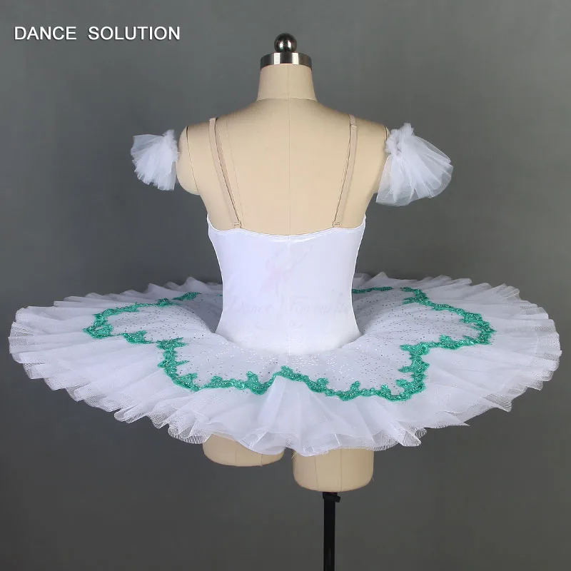 White Ballet Pancake Tutu with Green Applique Trims Women's Stage Performance Costumes Ballet Outfit for Girls Dancewear BLL063