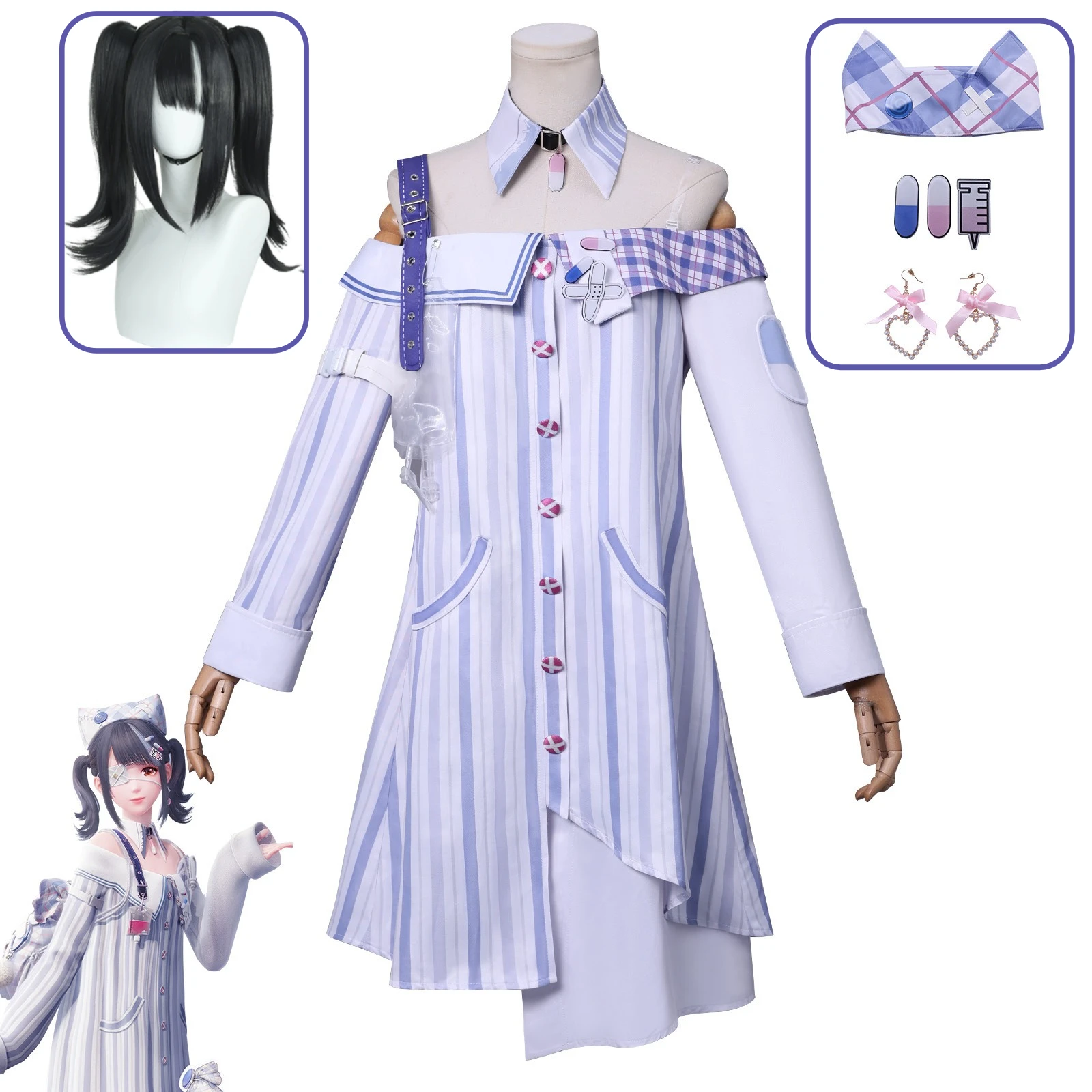

Infinity Nikki Cosplay Costume Nikki Experimental Whimsy Patient Gown Uniform Dress Wig Set Game Halloween Comic Show Outfits