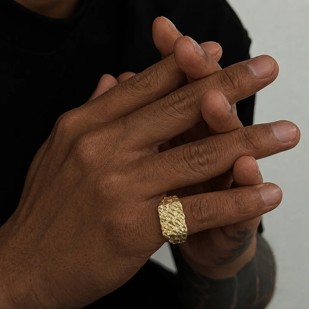 Hammered Pebble Textur-Ring für Herren, verstellbarer Schmuckring in Gold- und Silberfarbe, organischer, klobiger Statement-Stil – Detail 3