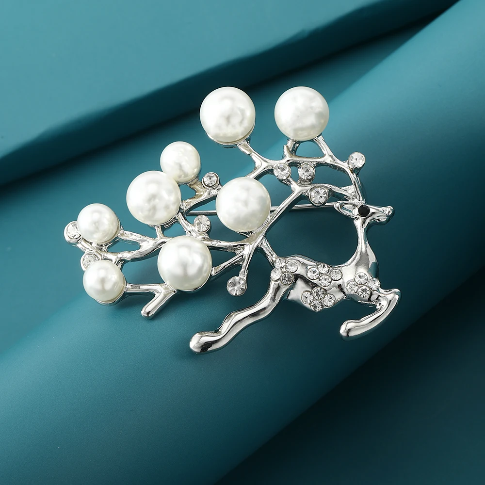 دبابيس طية صدر أيل بألوان ذهبية وفضية للنساء ، بروش لؤلؤ مرصعة بالكامل بالكريستال ، 2 روض