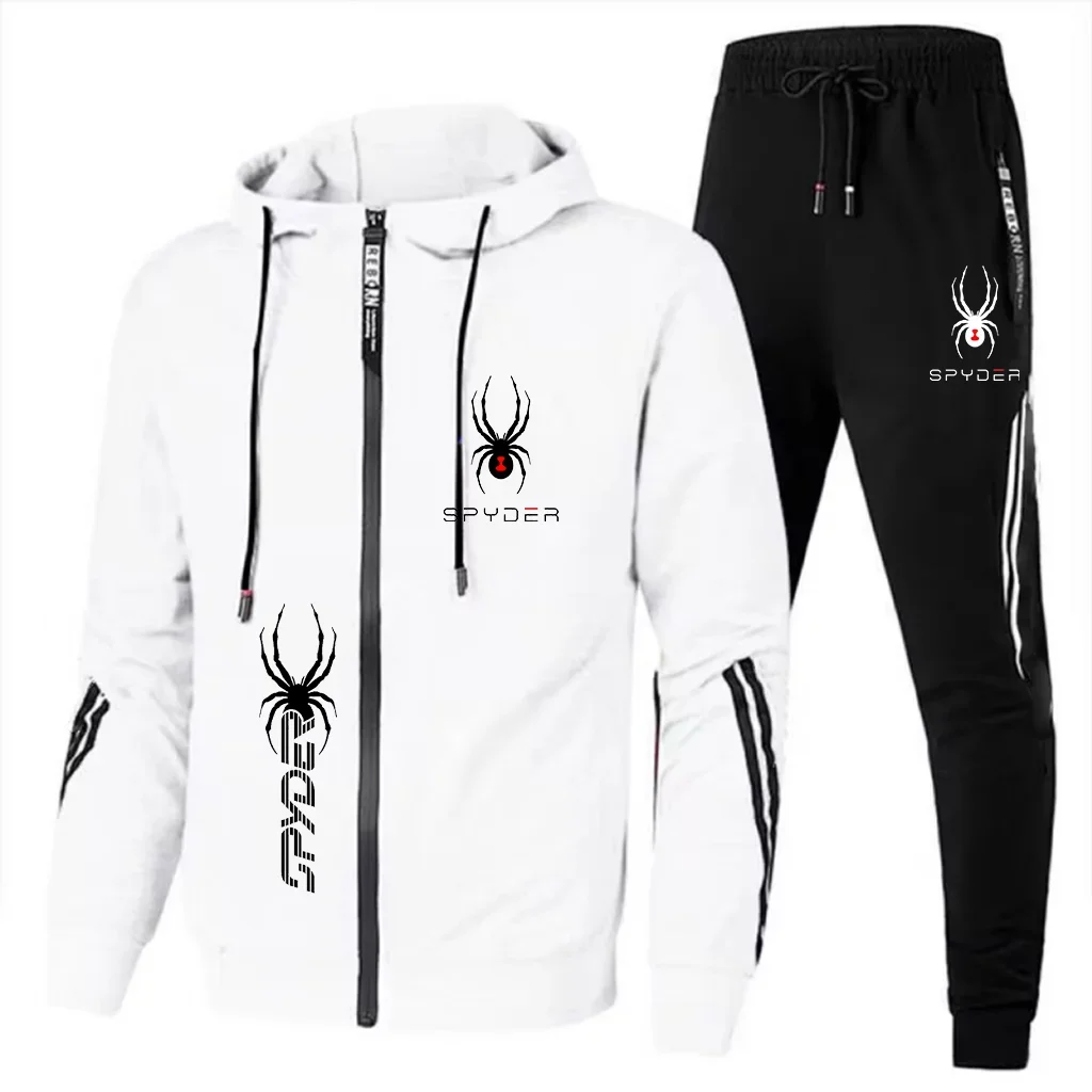 

2024 Men's Fashion Personalized Black Spider Suit Zipper top and casual pants two-piece handsome outdoor jogging tracksuit