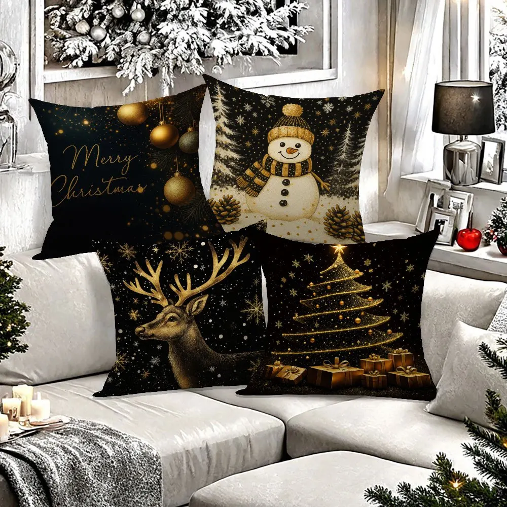 

4pcs Christmas Winter Holiday Pillow Covers – Snowman, Tree & Reindeer Prints, Festive Home Decor