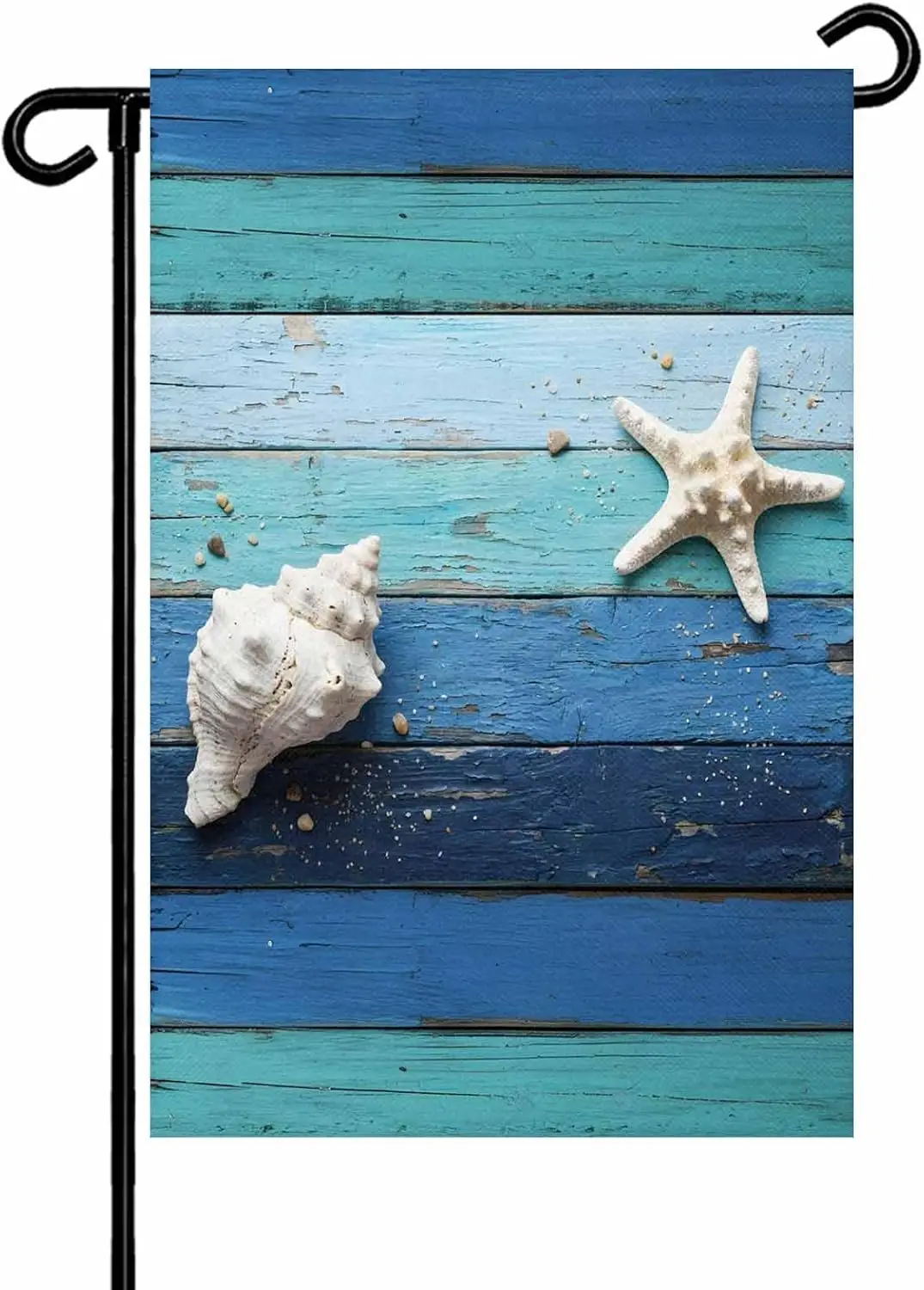 Summer Ocean Theme Garden Flag 28x40 Inch White Starfish Conch Teal Blue Wood Grain Double Sided Yard Flags for Outdoor Deco ZZM