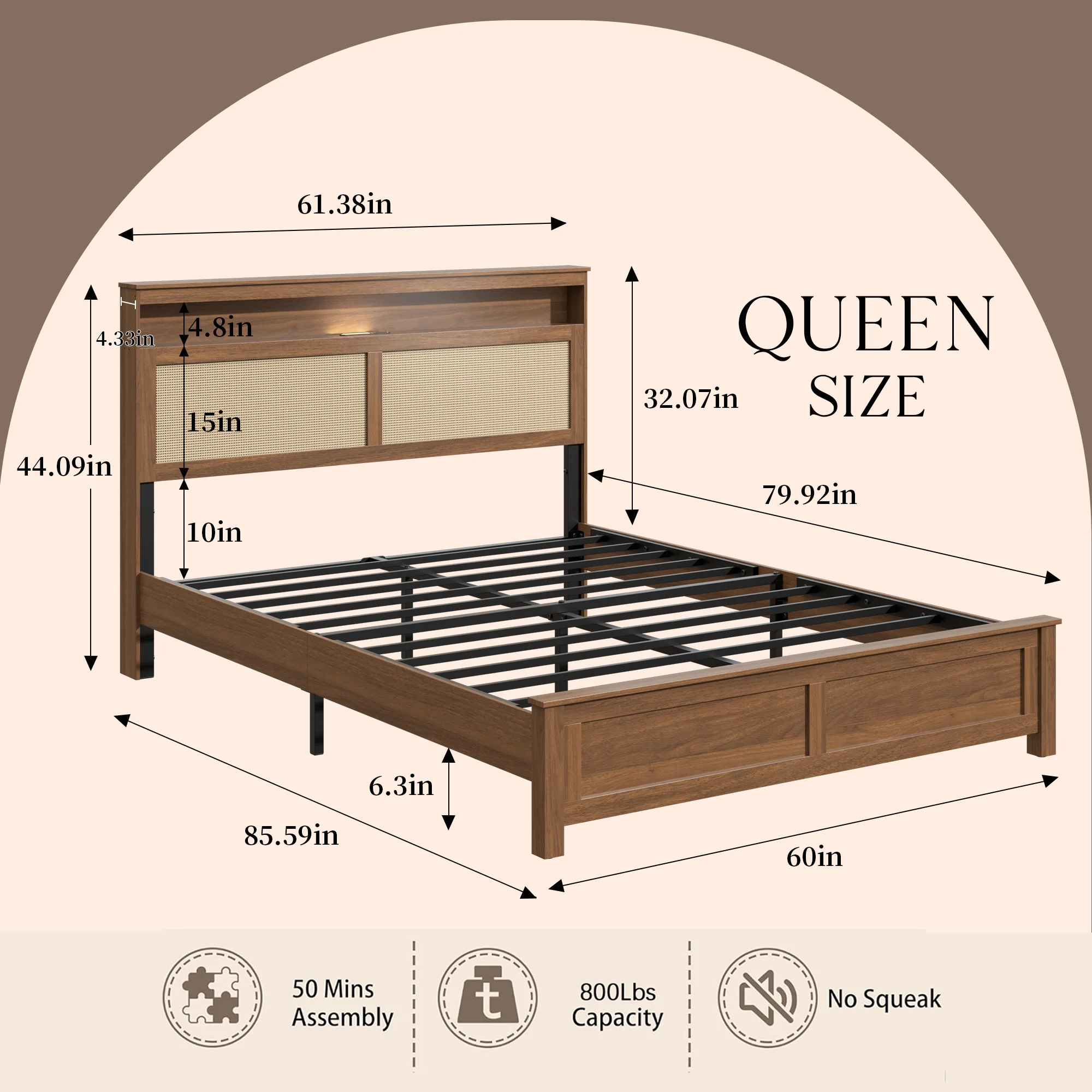 Queen Size Platform Bed Frame with Rattan Headboard and LED Reading Light, Modern Farmhouse Wood Bed with Storage Shelf, No Box Spring Needed - view 3