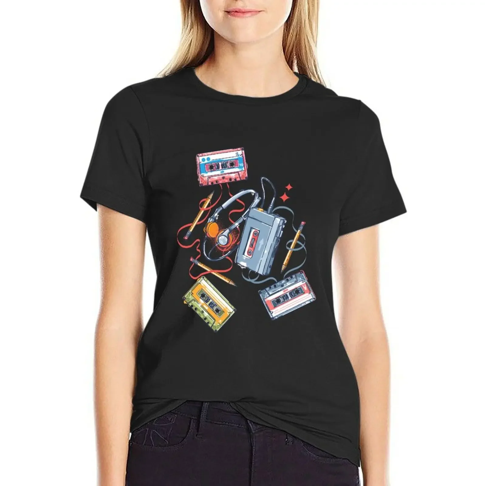 

Retro Walkman and Cassette Tapes Pencil Pattern T-Shirt lady clothes vintage summer tops ariat shirts for Women