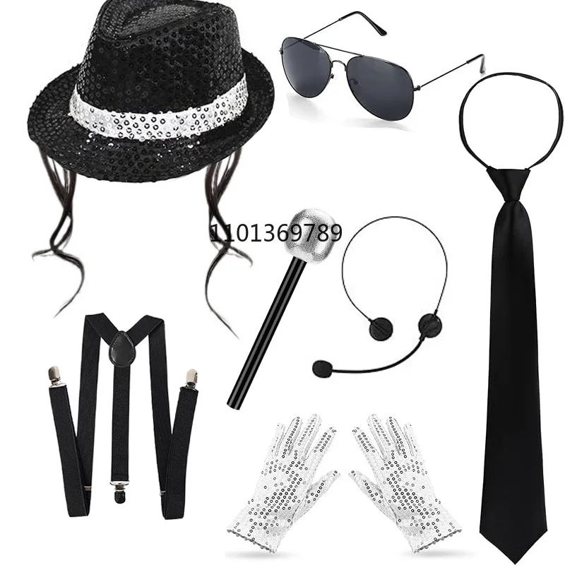 ポップスター キング ジャクソン コスチューム アクセサリー M-J スパンコール グローブ、ブラック フェドーラ ハット、サングラス 80 年代をテーマにしたハロウィーン コスプレ パーティー