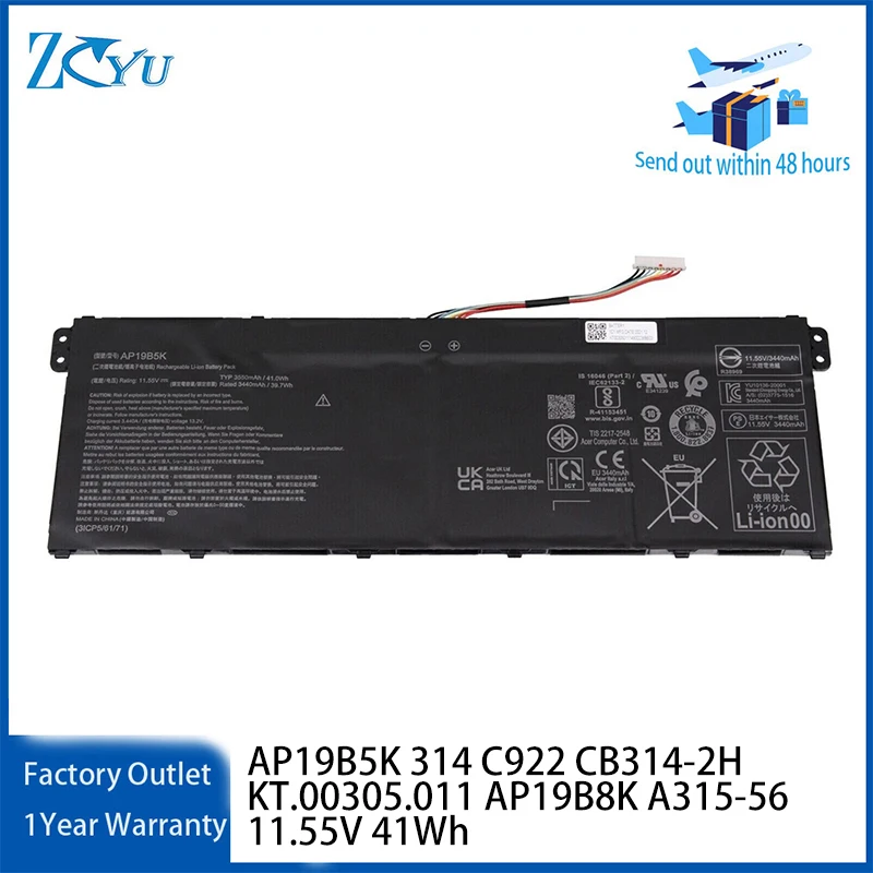 AP19B5K Laptop Battery for Acer Chromebook 314 C922 CB314-2H KT.00305.011 AP19B8K A315-56 11.55V 41Wh