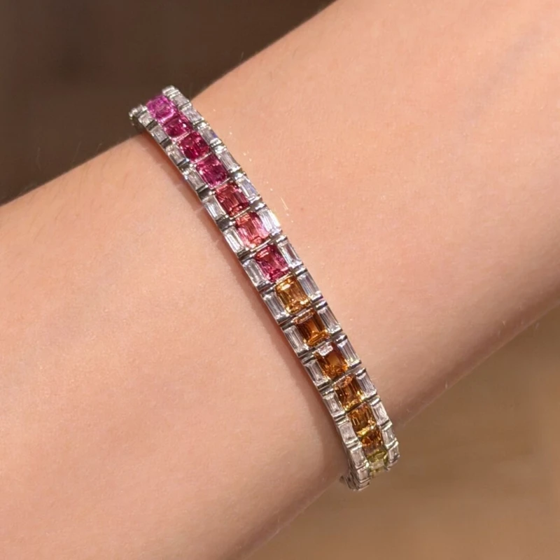 Bellux 925 Silver Rainbow Lab Grown Colored Gemstone Tennis Bracelet For Women Gradient Multicolor Sweet Girls Party Bracelet