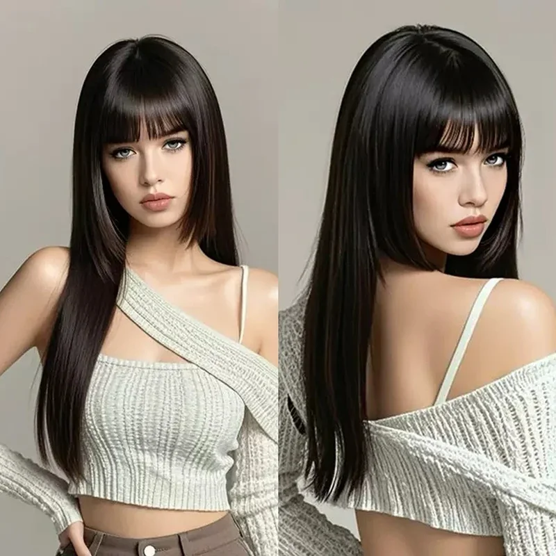 Peruka damska, długa, prosta, z prostą grzywką, do tańca, strój, akcesoria, styl Hime Cut, włosy długie i proste.