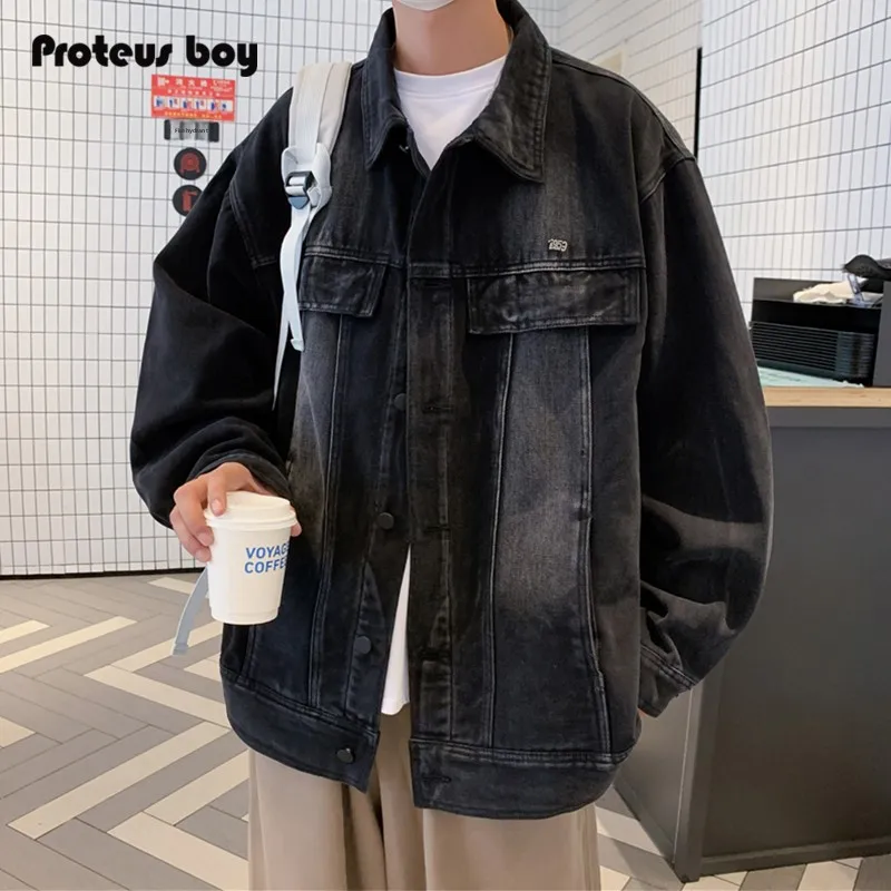

ProteusBoy, повседневная джинсовая куртка с воротником в американском стиле ретро, верхняя одежда с деталями для подростков, ветрозащитная куртка стандартной посадки