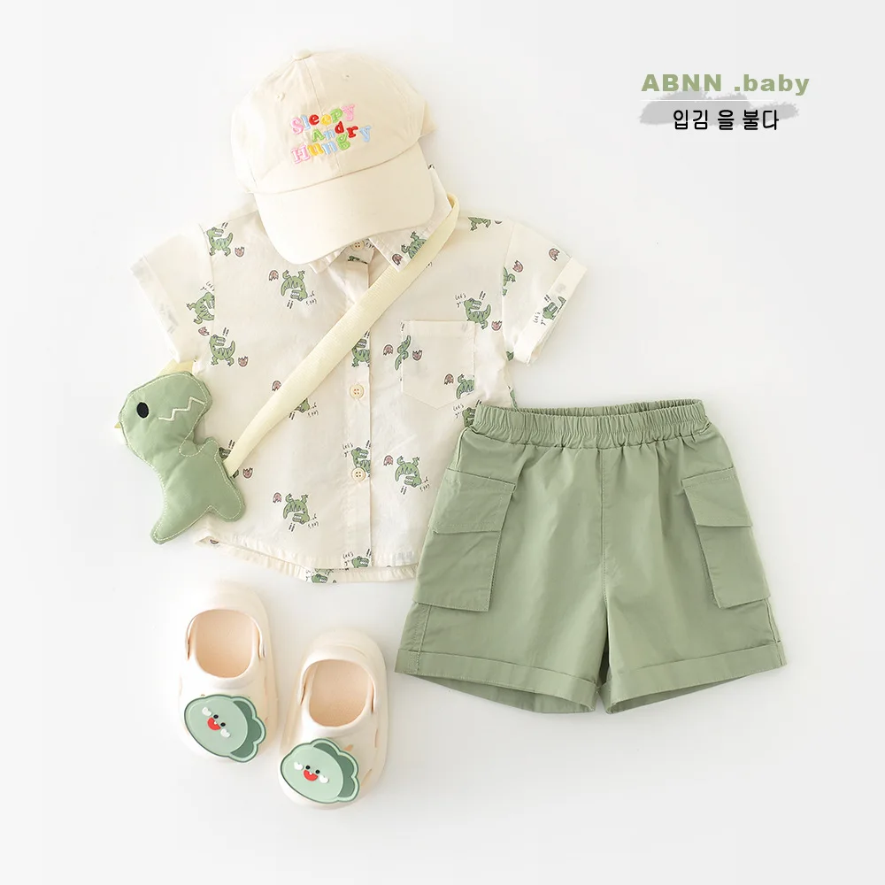 Summer boys cartoon short-sleeved two-piece set, baby full print little dinosaur set, free strap doll