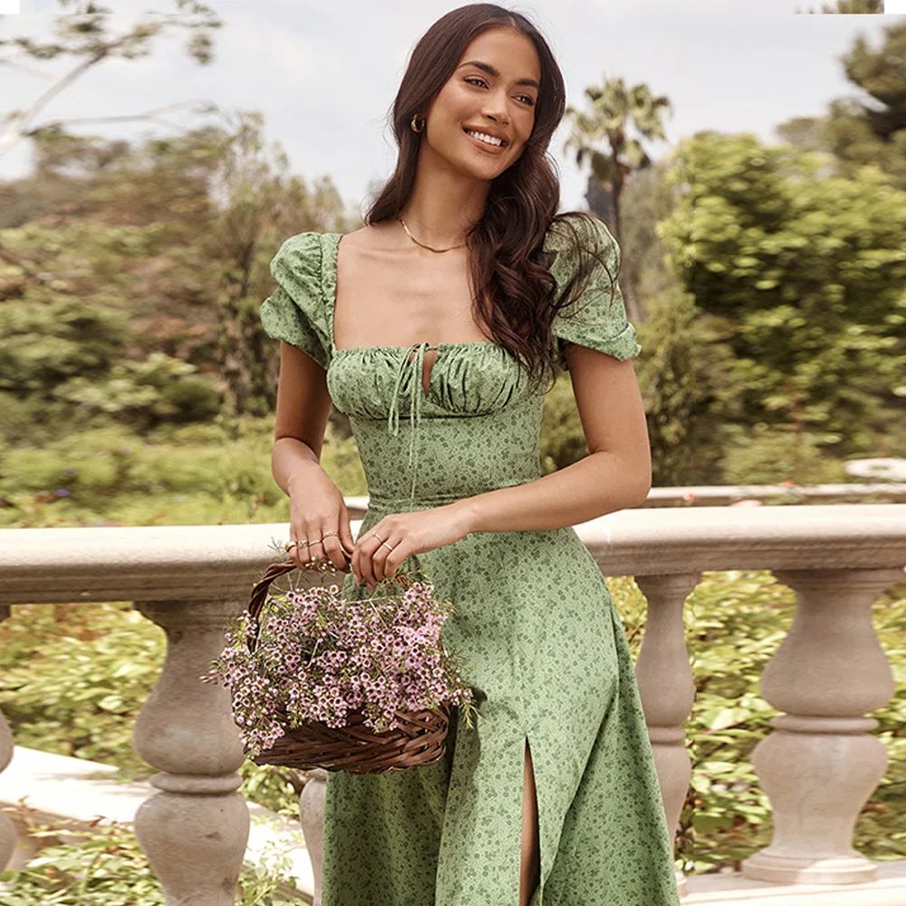 Dr Long imprimé Floral Sexy avec Bubble Sves et bandoulière à fente haute pour femmes, col carré tricoté en Fiber de Polyester