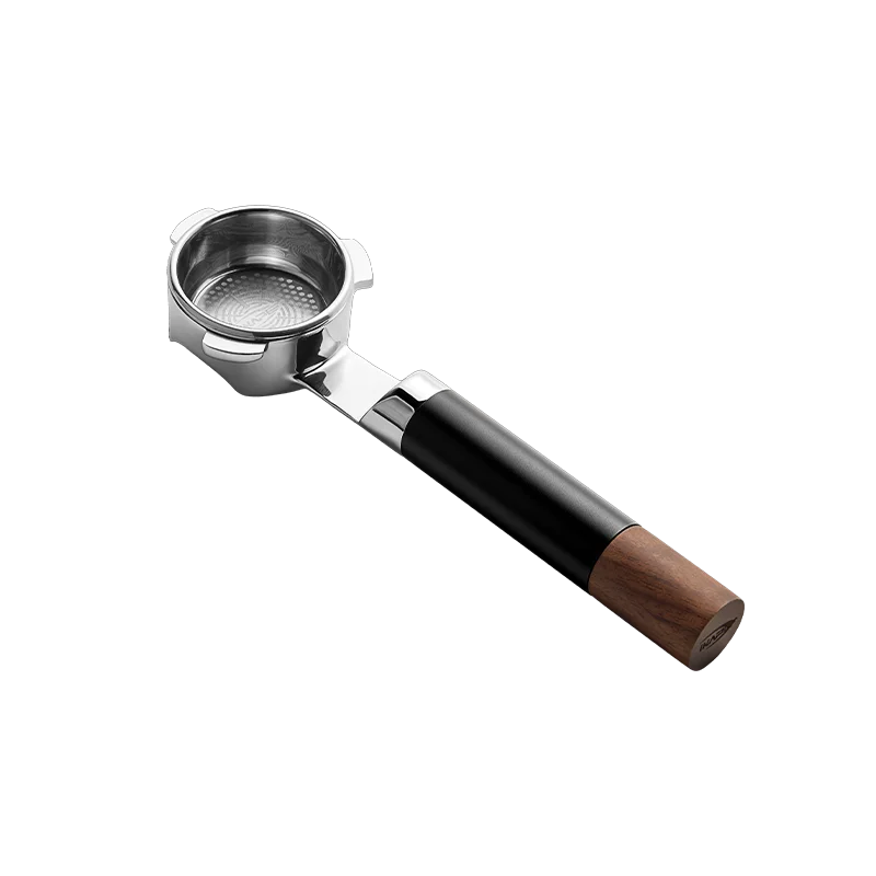 IKAPE Durchbrochener bodenloser Siebträger, Espressogriff aus Edelstahl und Walnuss, 54/58 mm Präzisionskorb mit hoher Extraktion