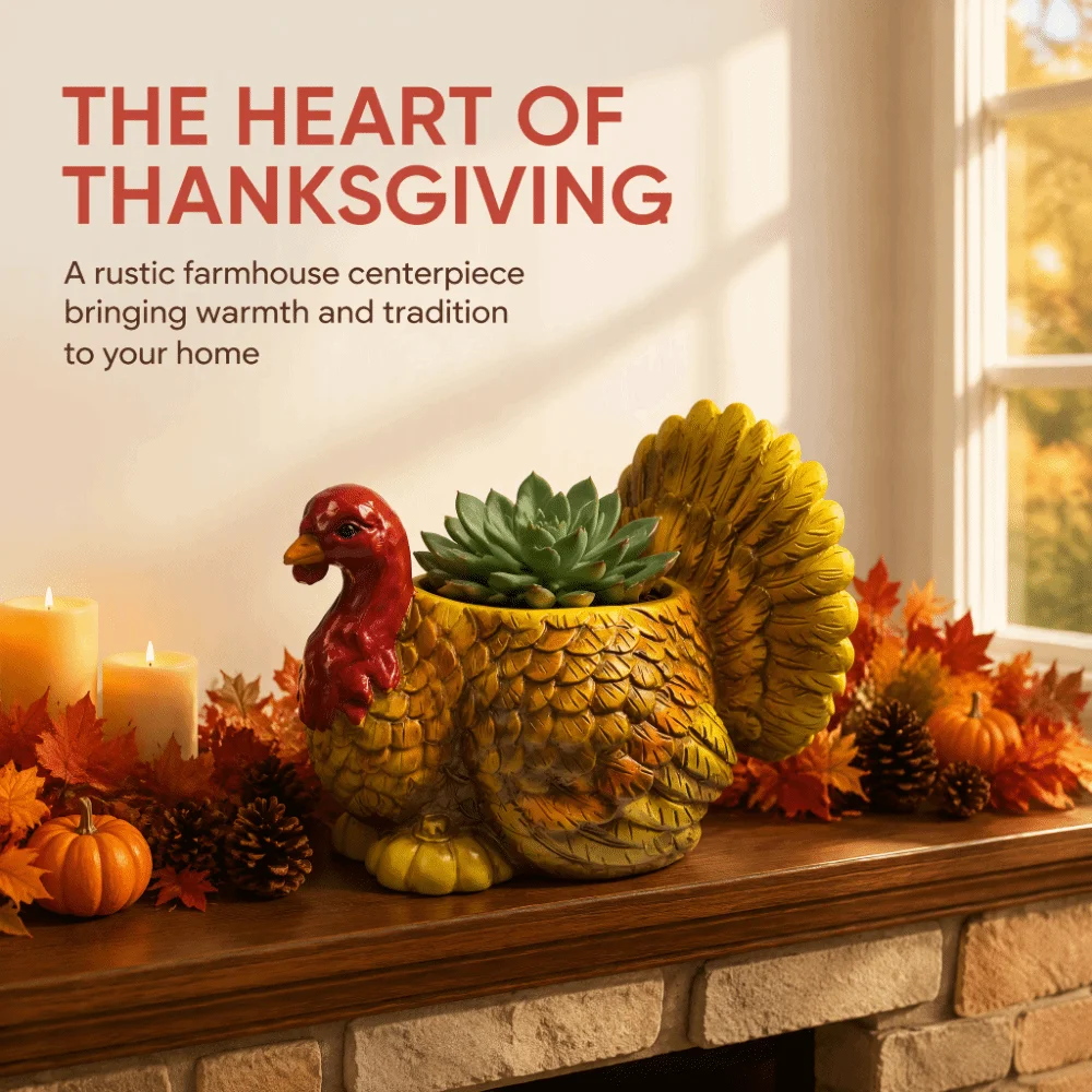 Fall Harvest Resin Turkey Planter Pot Raised Plumage Texture Weather-Resistant Fall Turkey Plant Holder Fade-Resistant