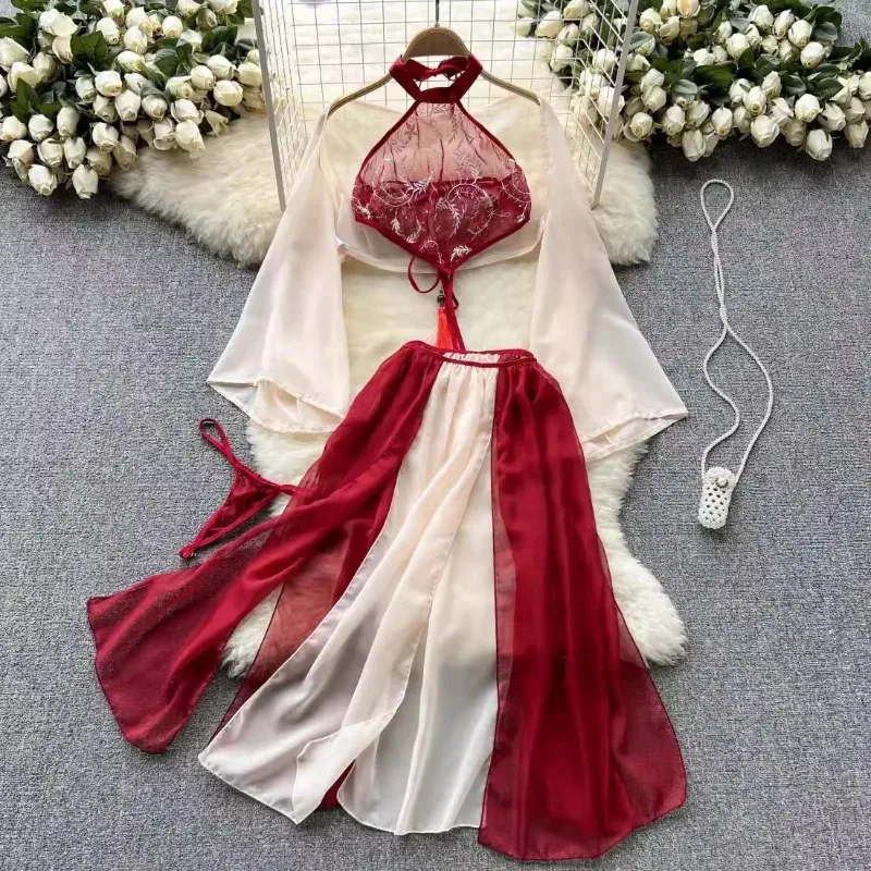 Chinese Tranditional Hanfu Dress Women Sexy Chffion High Split Temptation Lingerie Underwear Lace Halter Neck Erotic Nightgowns