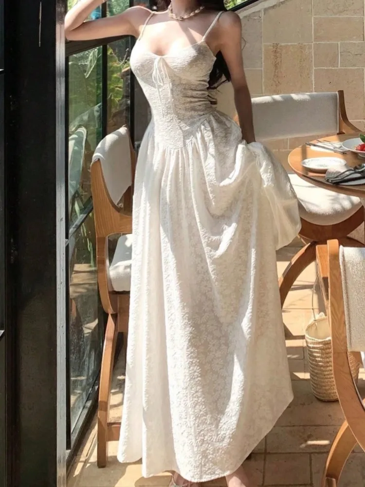 

Casual Floral Lace Solid Strapless Long Dresses For Women Beach Pleated Spaghetti Strap High Waist Elegant Evening Party Dress
