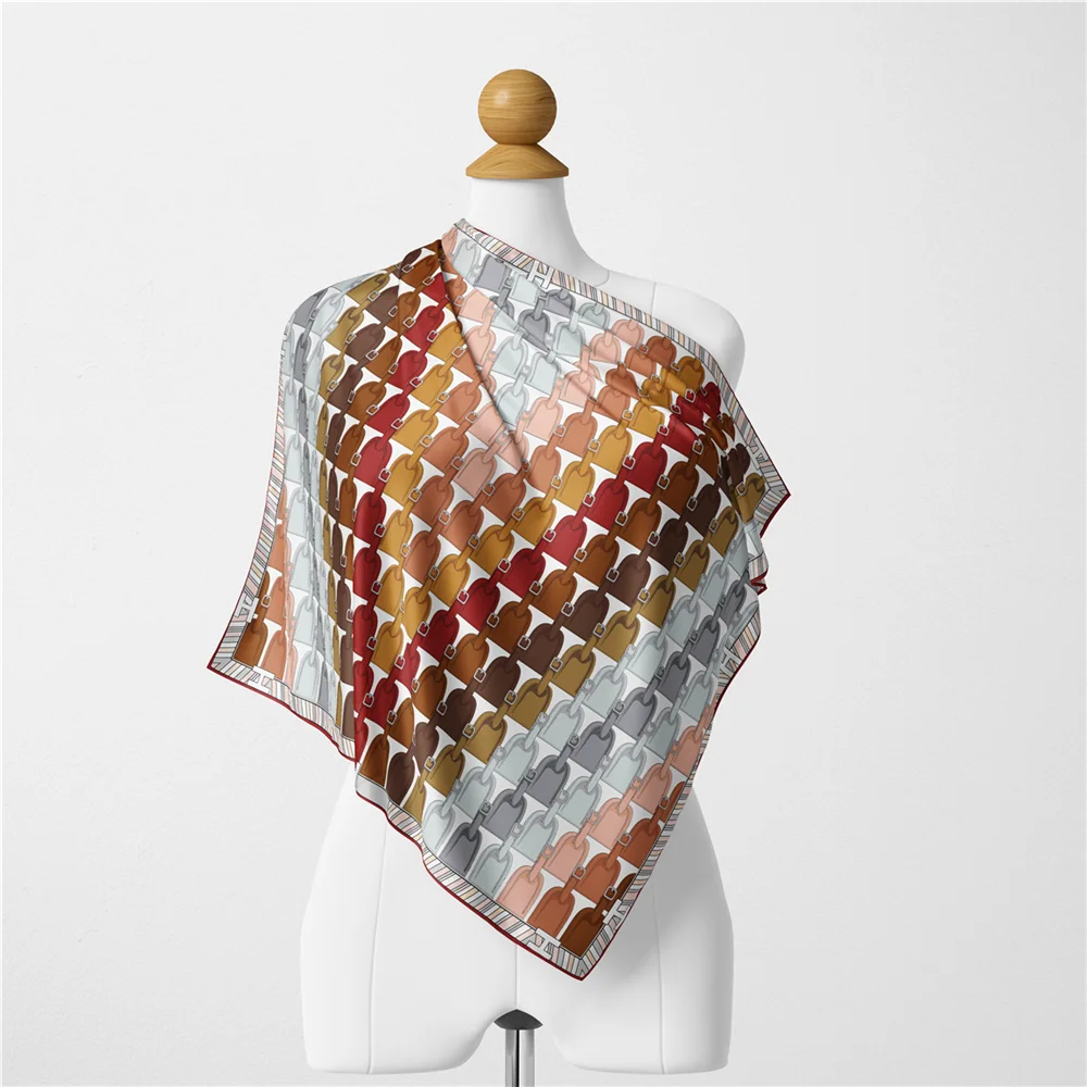 Twill Silk Scarf Woman Geometric Painting Square Scarves Wraps Bandana Small Hijab Silk Foulards Tie Headband Neckerchief 53CM