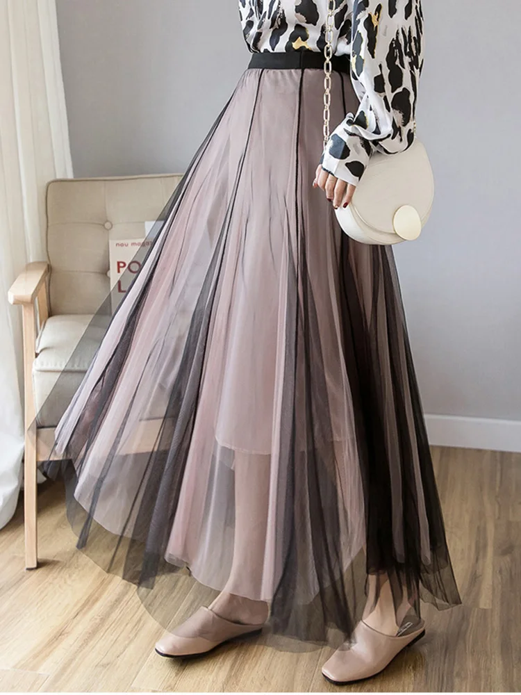 Summer Mesh Long New Contrasting Colors Pleated Skirt Loose Sweet Ladies Elegant Gray Pink Black Outfit