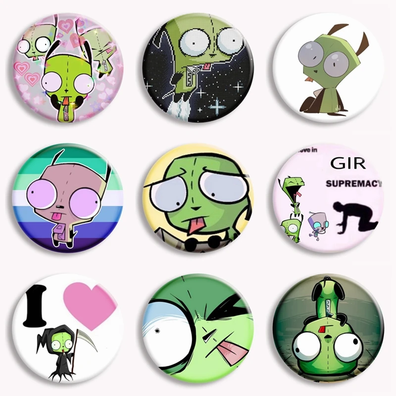 Alien ET Green Invader ZIM Cartoon Button Pin GIR Dog Kawaii Anime Brooch Badge Bag Coat Decor Fans Collect Friend Gift