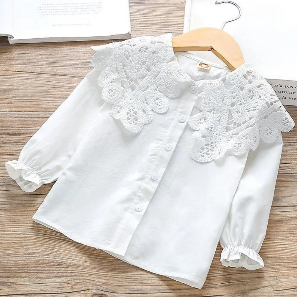 Lace Embroidery Long Sleeve Blouse Hollow Out Collar Solid Color White Lace Collar Shirt Long Sleeved 1-6Y Size
