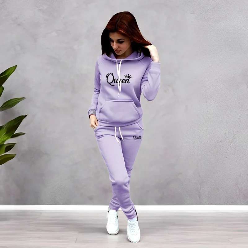 Conjunto Deportivo para Mujer con Estampado de Letras 'Queen', Sudadera con Capucha, Ropa de Alta Calidad para Correr, Conjuntos de Pantalones Casuales a la Moda