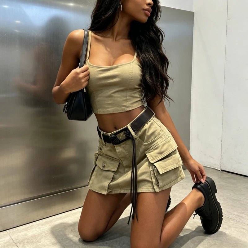 

Denim Cargo Skirts Women Short Skirt A Line Slim Fit Hip Wrap Pockets Elegant Splice Solid Y2k Streetwear Casual 2026 Summer