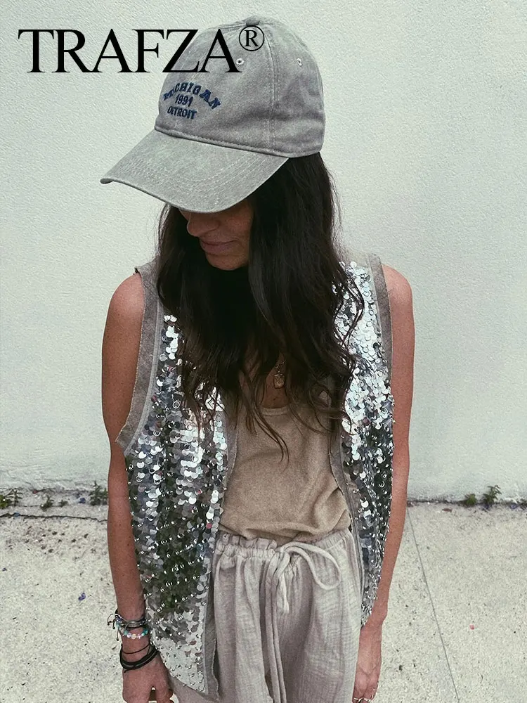 

Женский короткий жилет с блестками TRAFZA, Модный женский кардиган без рукавов с V-образным вырезом, Свободный Топ, летняя одежда