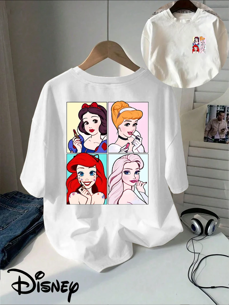 Disney autorizado princesa beleza criativa impressa camiseta, gola redonda casual superior adequado para o verão e tops de manga curta