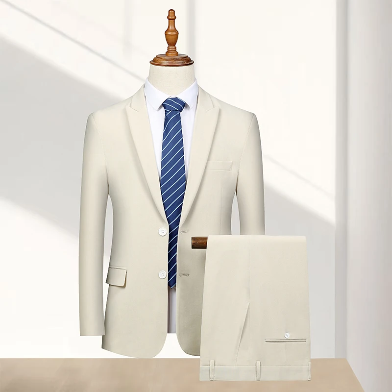 

Men's Slim Fit Business Suit 2 Piece Set Formal Beige Blazer & Pants Gentleman Outfit For Wedding Office Daily Wear