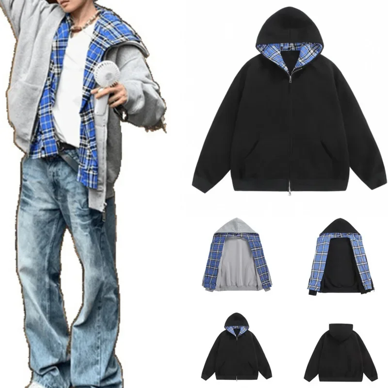 

Punk Y2K Harajuku Checkered Patchwork Sweatshirt Hoodie Jacket Men Cardigan Usa Fake 2 Pcs Loose Autumn Unisex Casual Jacket New