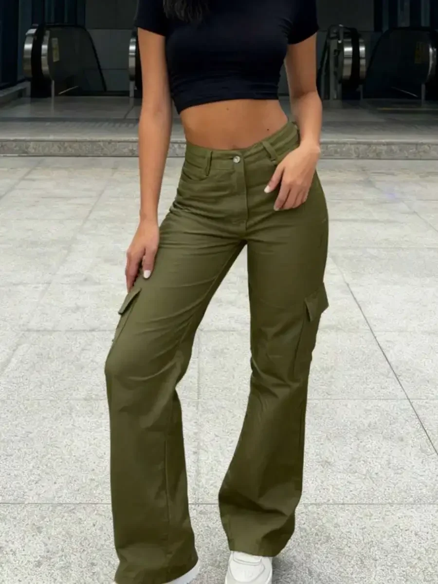 

Women Solid Color Wide Leg Cargo Pants Multi Pocket Casual Trousers Spring Summer Autumn