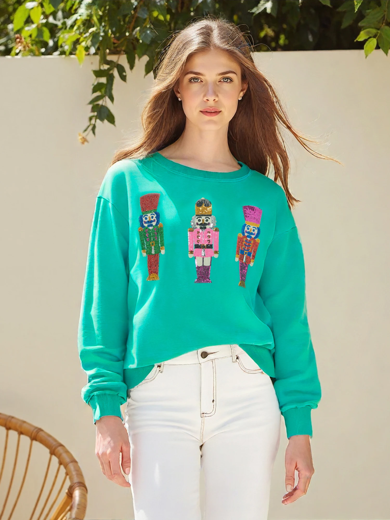 المرأة ربيع الخريف فضفاض البلوز طويلة الأكمام Crewneck الجندي سانتا قبعة طباعة البلوز