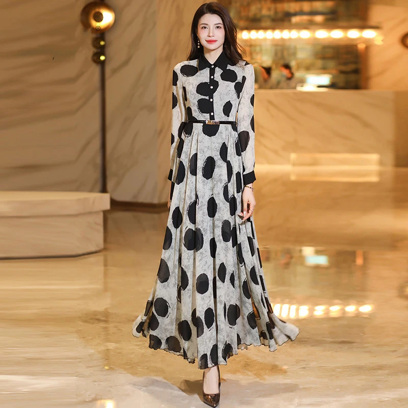 

New Women Spring Summer Chiffon Long Dress Fashion Black Dot Long Sleeve Slim Dress Elegant Flowing Overlength Shirt Dress