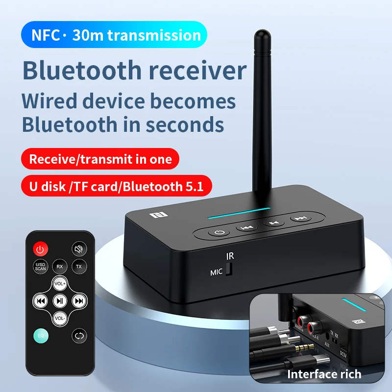 2 IN 1 Wireless Bluetooth 5.1 Transmitter Receiver RCA 3.5mm AUX Stereo Wireless Adapter NFC Bluetooth Receiver Remote Control