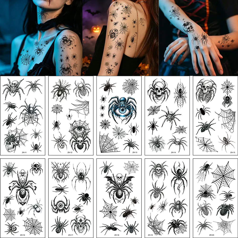10 Sheets Spider Face Tattoos Spider Web Body Stickers Temporary Tattoos Body Makeup For Festival Prank Halloween Party Cosplay