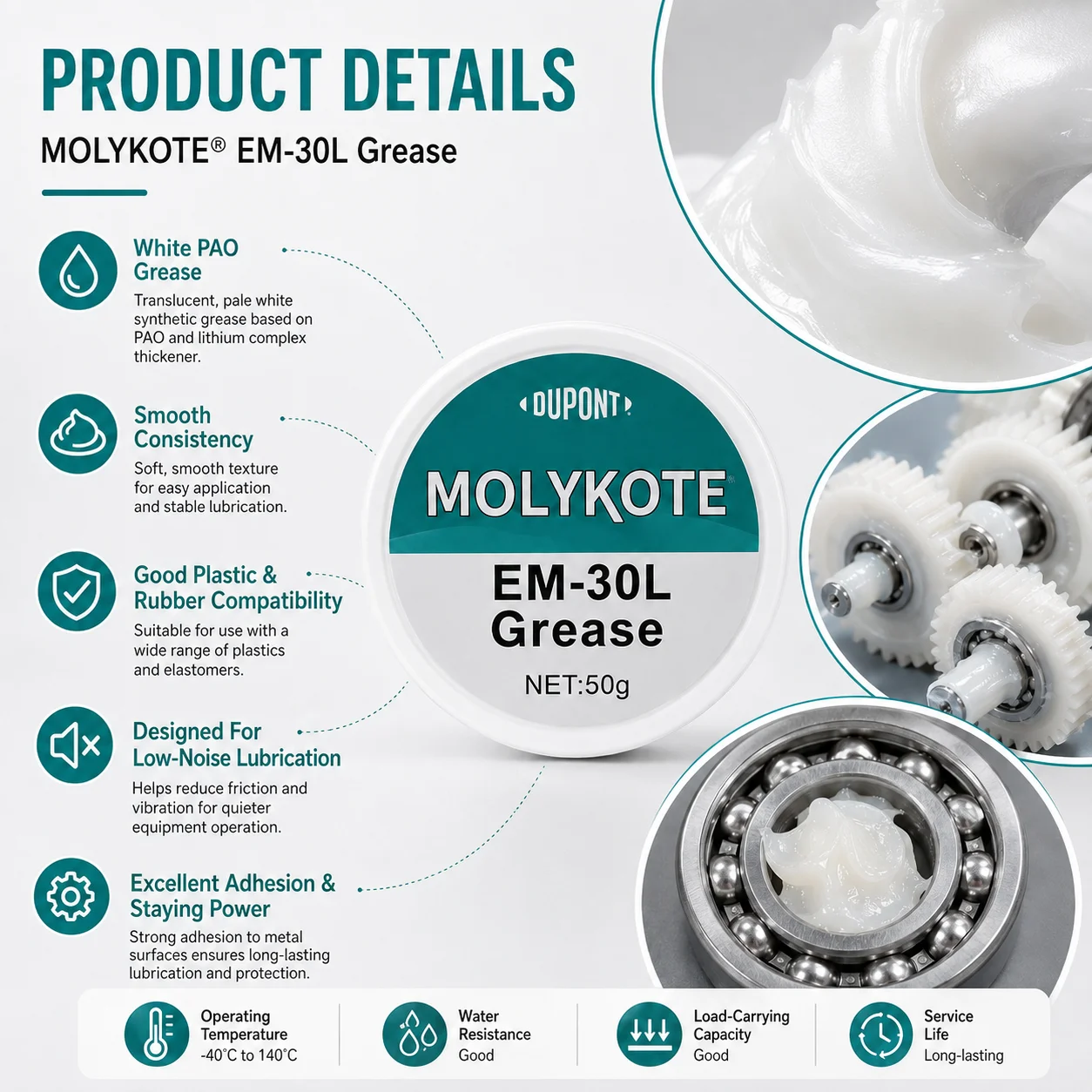 Original MOLYKOTE EM-30L EM-50L EM-60L Grease PAO Synthetic Lubricant White Grease for Plastic Gears Low Noise Anti-Wear