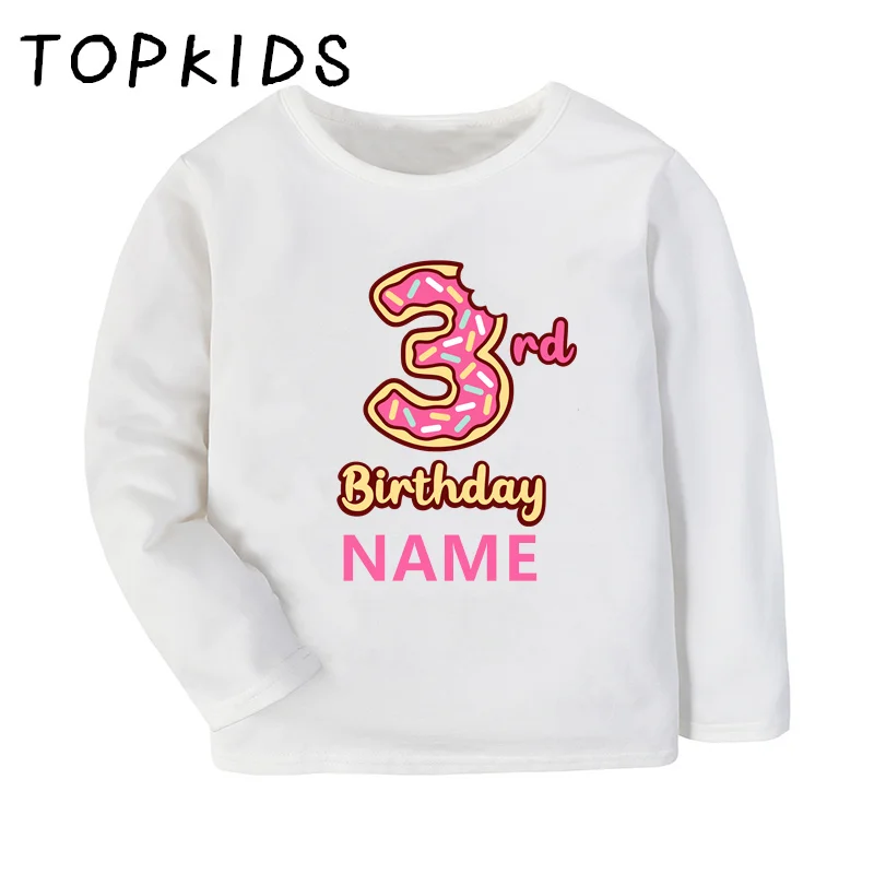 Customize Name Kids T-shirts Donuts My 1 2 3 4 5 6 7 8th Years Birthday Girls Clothes Baby Children Long Sleeve T shirt Present