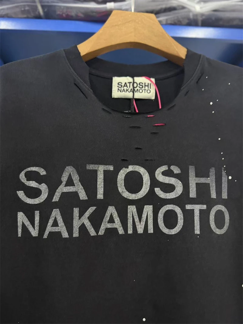 Summer SN Splashed Ink Letter Printed Loose Washed Vintage Short Sleeve High Street Casual Cotton Men Versatile Trendy T-shirt
