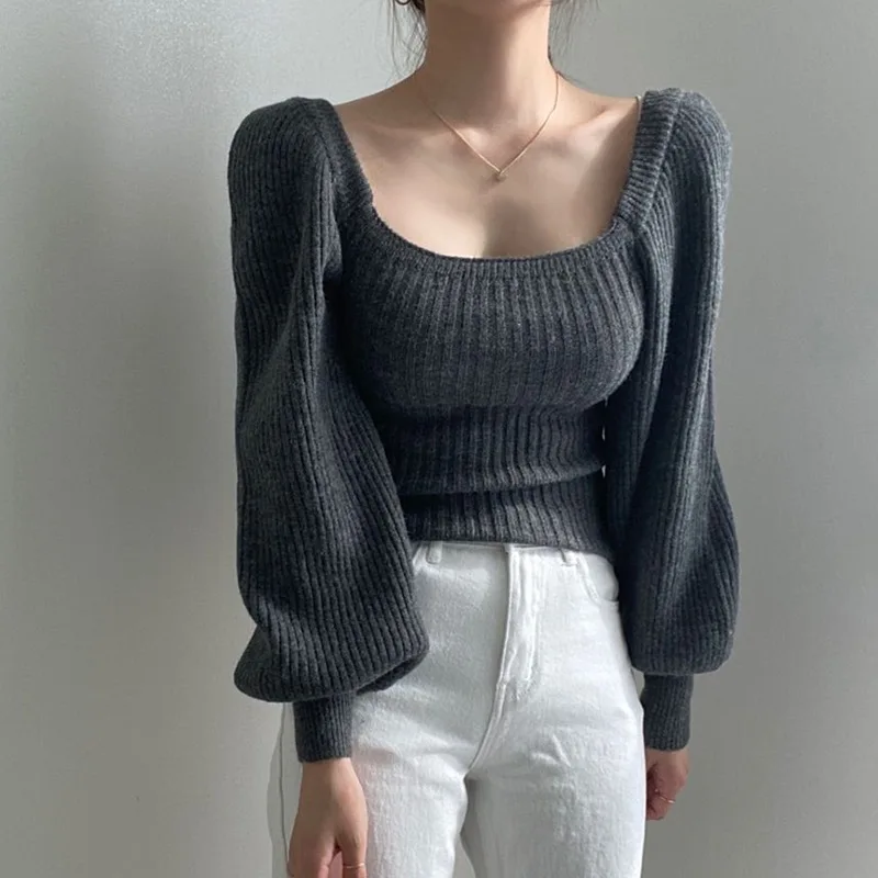 

Vintage Lantern Sleeve Women's Slim Solid Color Knitted Pullovers Autumn New Fashion Square Collar Elegant Soft Sweaters