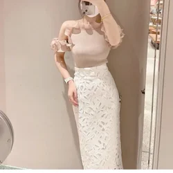 Kuzuwata 2024 Summer Elegant Temperament Skirt Simple High Waist Hollow Out Lace Faldas Bodycon Straight Slim Fit Chic Skirts