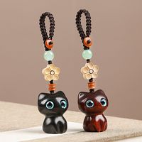 Sandalwood Wooden Lucky Cat Keychain Car Keys Pendant Charms Retro Cute Mobile Phone Chain Wooden Bag Pendant Accessories