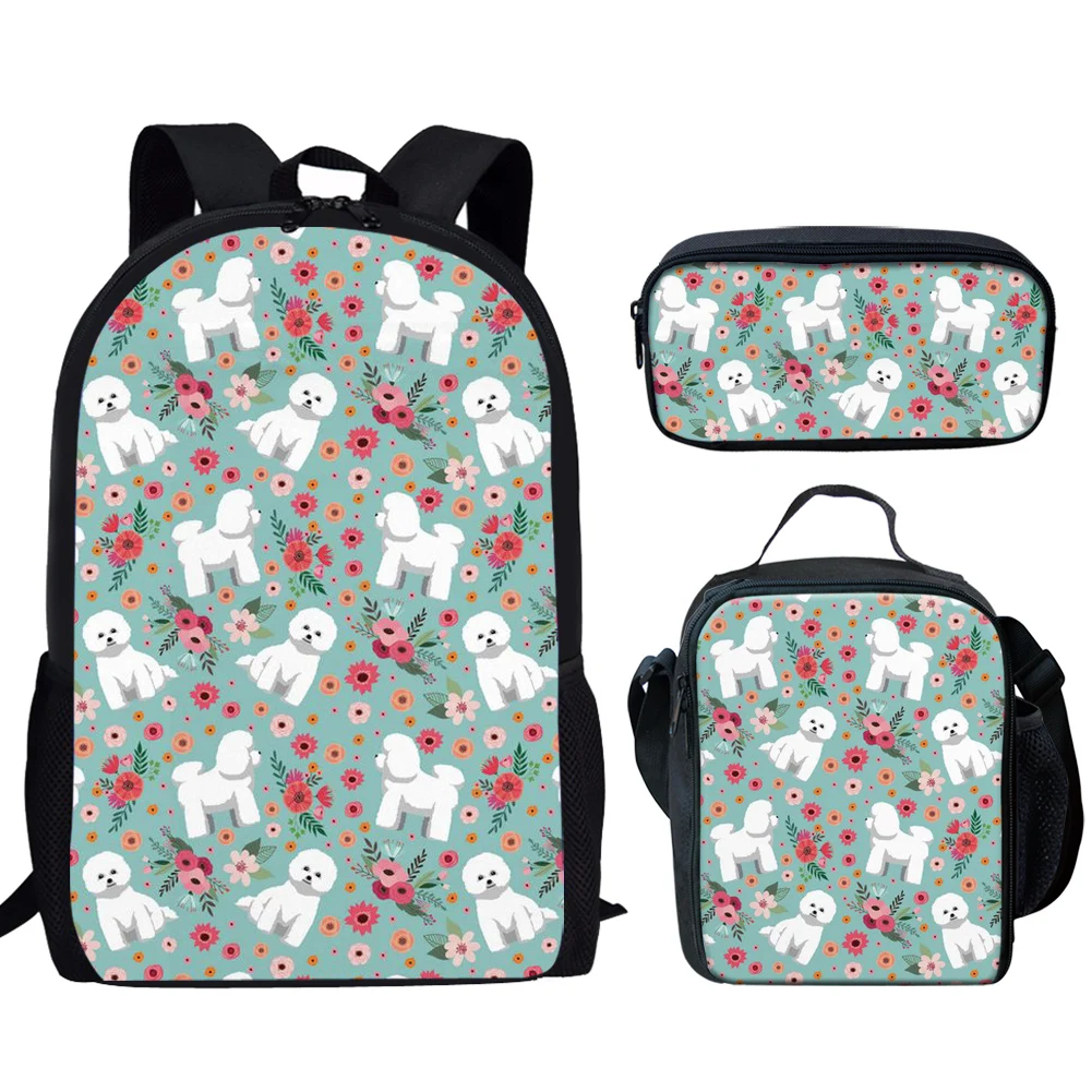 Cartoon Hond En Bloempatroon Rugzak 3 Stks/set Student Schooltas Met Lunch Tas Potlood Tas Teen Meisjes Jongens Casual Rugzak