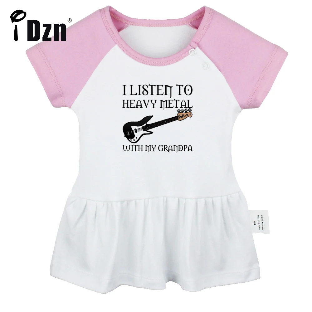 I Listen To Heavy Metal With My Grandpa Baby Girls Cute Short Sleeve Dress Infant Funny Pleated Dress Soft Cotton Dresses