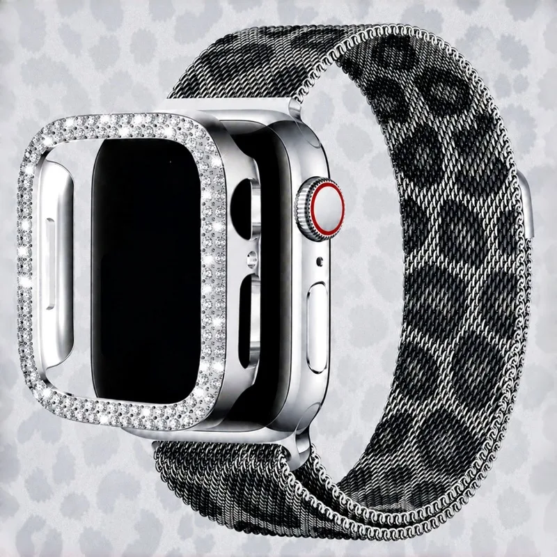 Diamond Case+Metal Strap For Apple Watch Band 38mm 40 41 42 44 45mm Leopard Pattern Bracelet iWatch Series SE 9 8 7 6 5 4 Cover