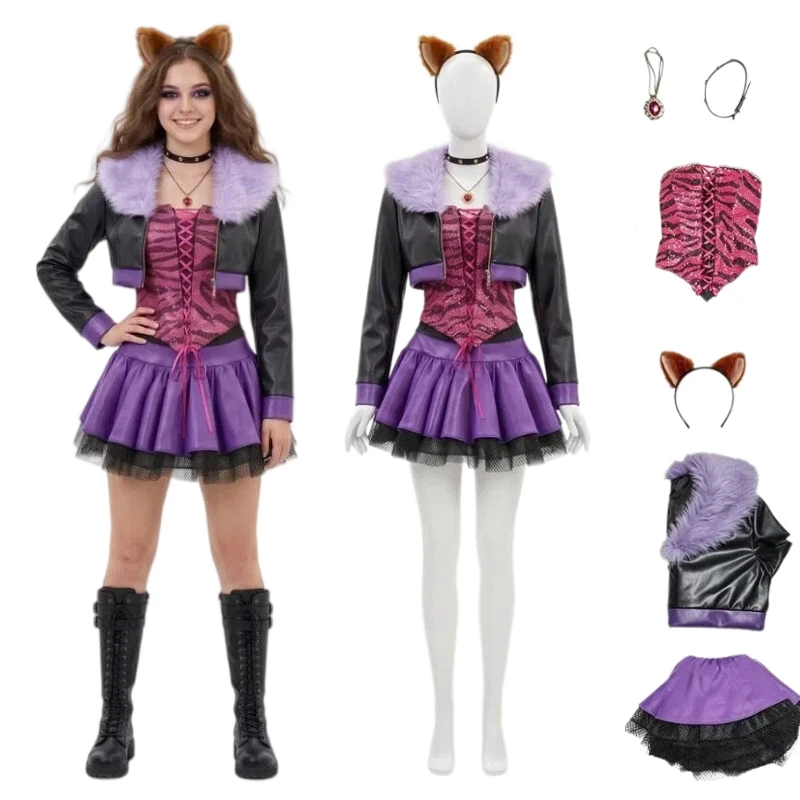 Anime Clawdeen Wolf Cosplay-Kostüm im Y2K-Stil, Top, Rock, Lederjacke, Komplettset, Rollenspiel-Outfits für Frauen, Comic-Con.