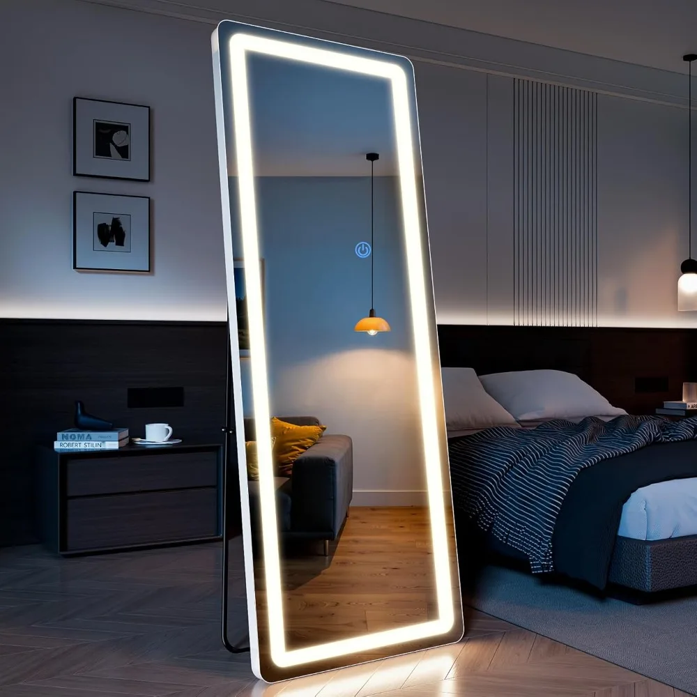 Espejo de piso de longitud completa 68x26 con esquinas redondeadas, iluminación regulable de 3 colores, visualización de cuerpo completo, espejo de pie