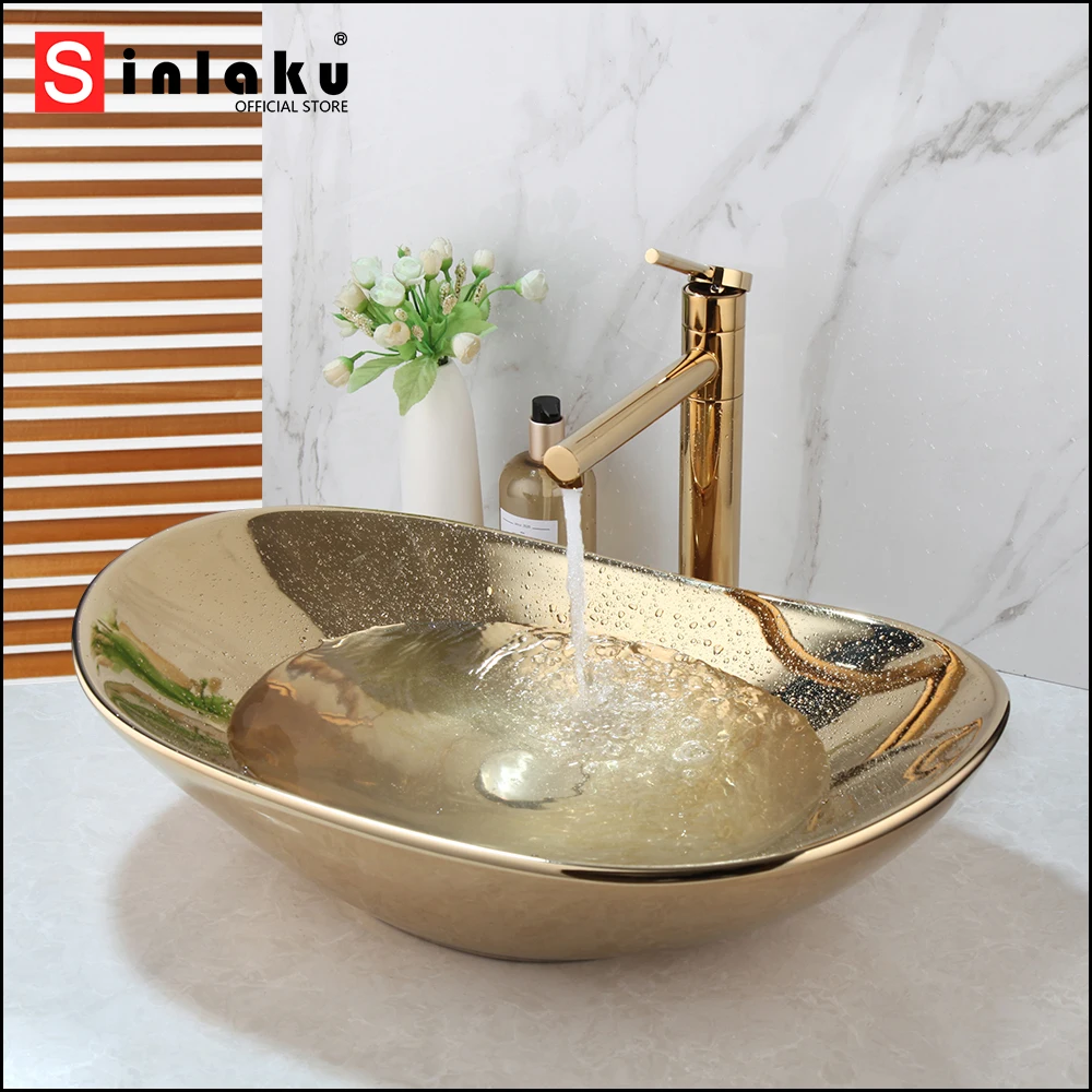 SINLAKU Bathroom Basin Set Ceramic Square Golden Plated Deck Mounted With Single Handle Control Stream Water Faucet Mixer Taps