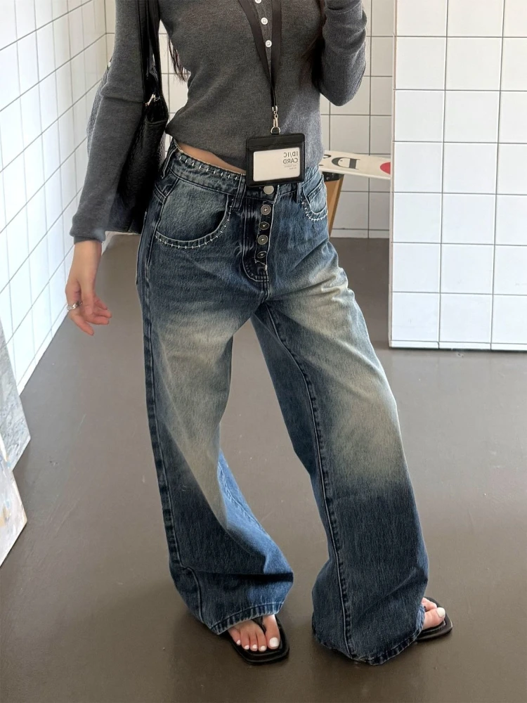 

HOUZHOU Vintage Y2k Jeans Women Korean Hip Hop Washed Distressed Jeans High Street Casual Straight Denim Trousers Streetwear